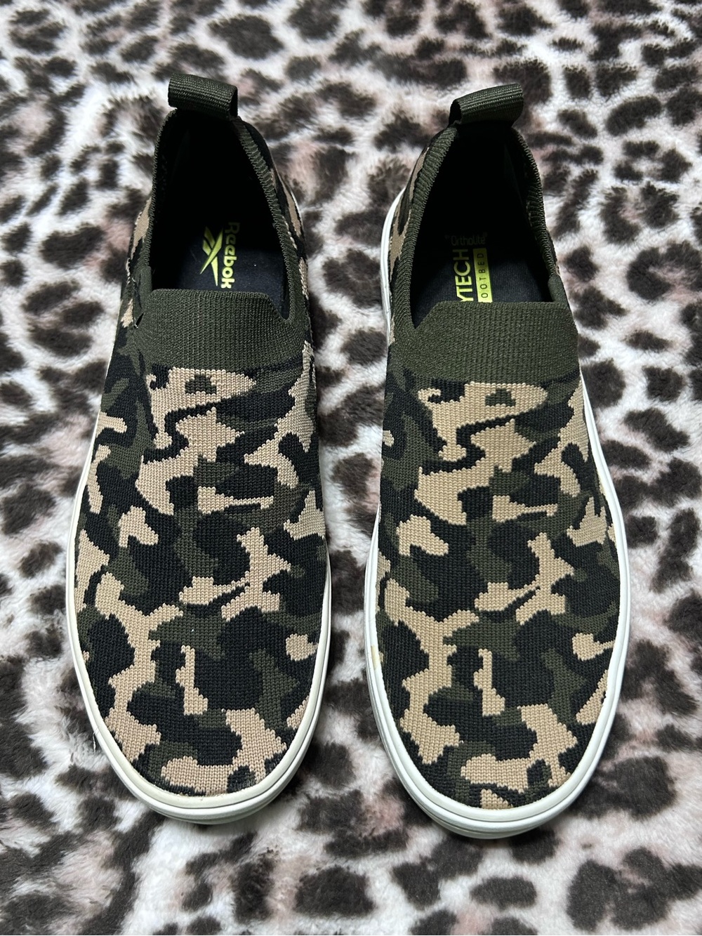 Reebok Womens Onlux Slip-On Army Green Camo Sneaker